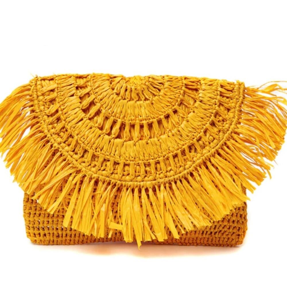 NWT NEW Sunny Gold Yellow Straw Tropical Clutch